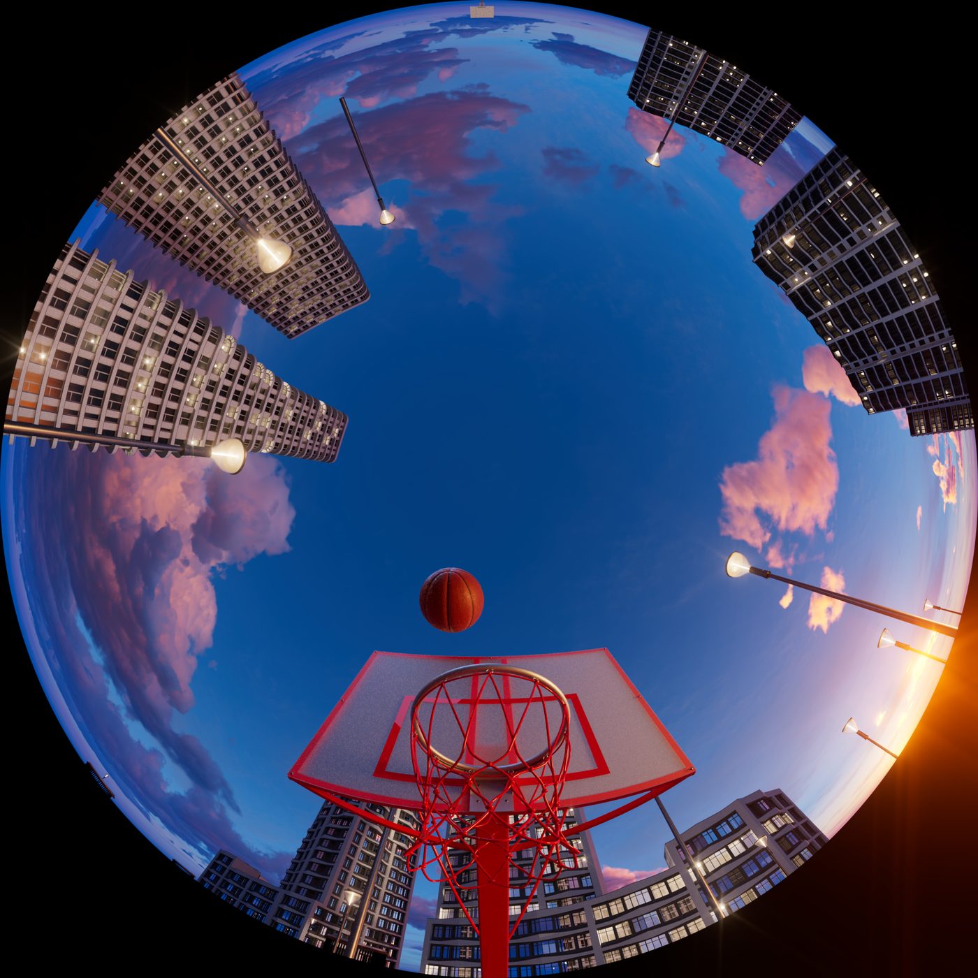 Fulldome frame: basketball hoop among towers